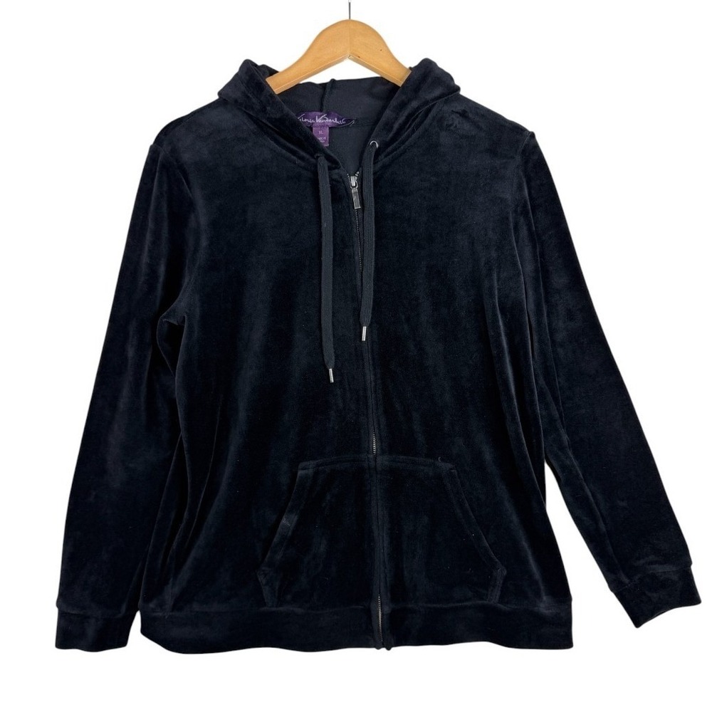 Gloria Vanderbilt Womens Velour Zip Up Hoodie Size XL Cozy Black Plush Soft